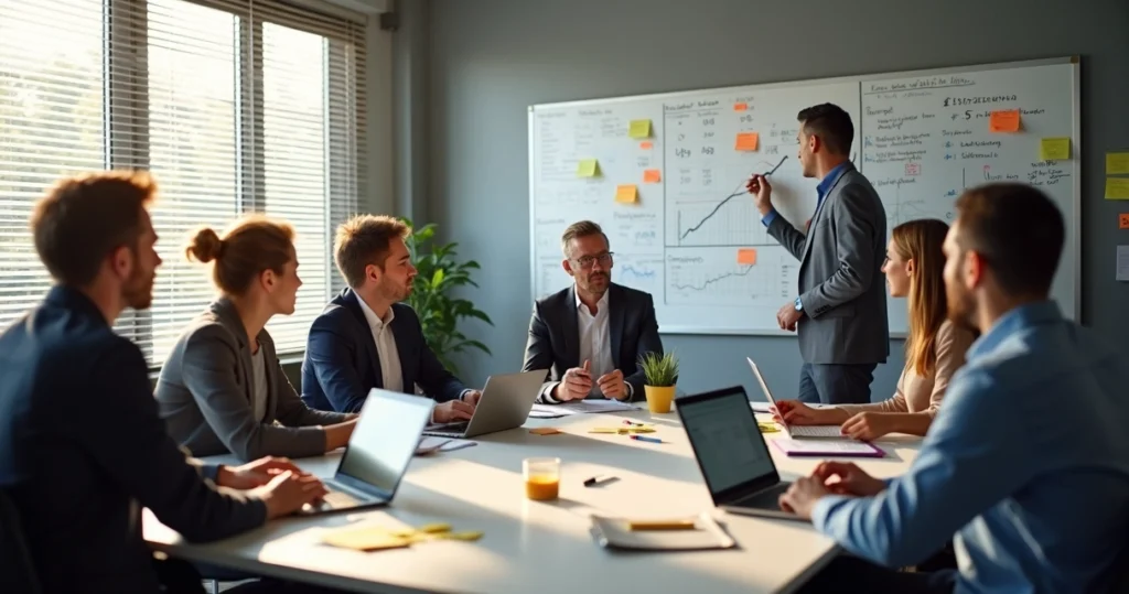 Colaboradores da área financeira discutindo a política de preços da empresa