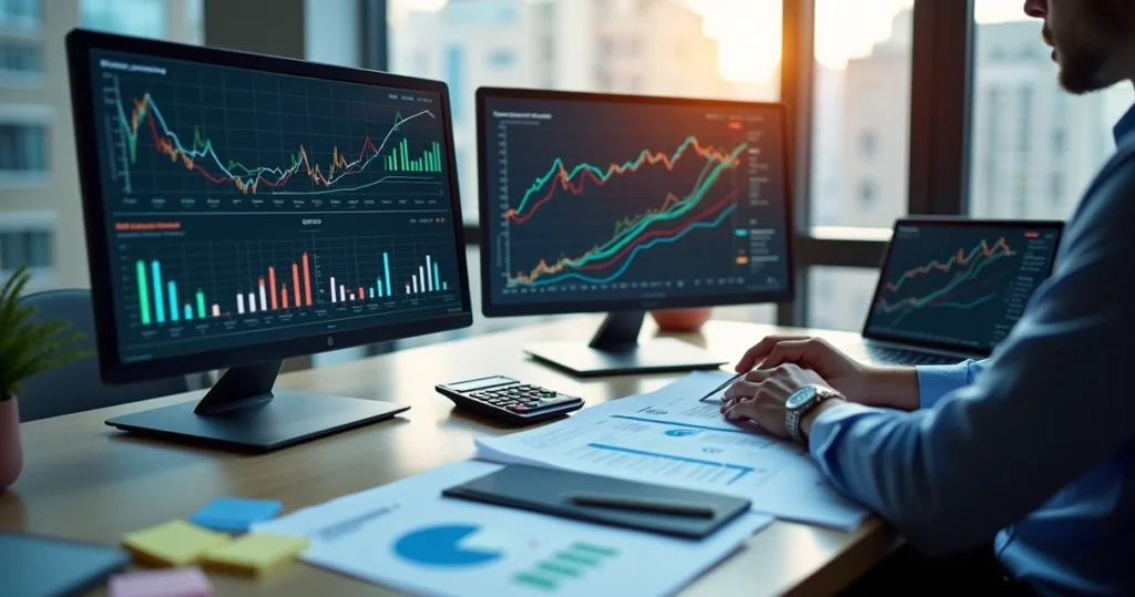 Analista vendo nos monitores gráficos de formação de preços