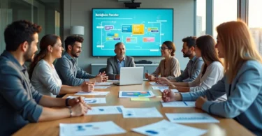 Equipe de RH analisando opções de benefícios flexíveis em reunião corporativa