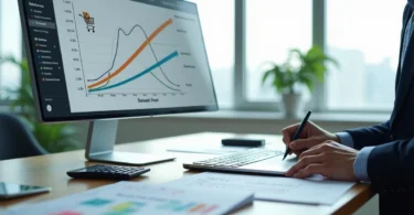 Gestor analisando gráficos de lucro e preços em mesa de escritório