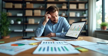 Gestor analisando gráficos de precificação com produtos físicos e ícones de serviços ao fundo