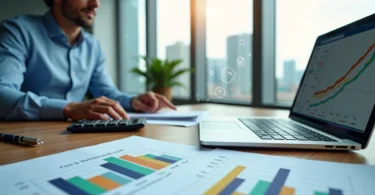 Gestor analisando gráficos de lucro e preços em mesa de escritório